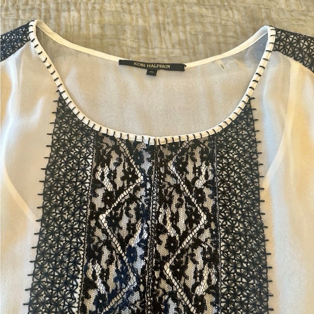 EUC KOBI HALPERIN Women Jona Silk  White Black Lace Two Layer Blouse Sz XL - Picture 6 of 13